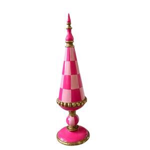 Pink & Gold Checkered Footed Tabletop Finial Cone Tree Shaped Christmas NEW RARE